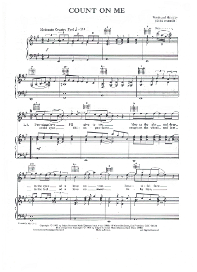 Picture of Count on Me, Jesse Barish, recorded by Jefferson Starship, sheet music