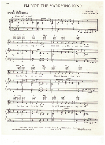 Picture of I'm Not the Marrying Kind, Howard Greenfield & Lalo Schifrin, recorded by Dean Martin, sheet music