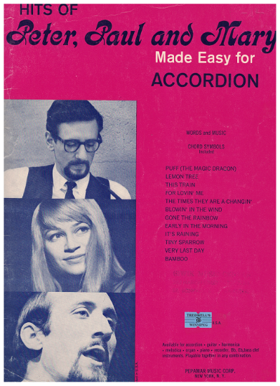Picture of Hits of Peter Paul and Mary, easy accordion folio, sheet music songbook