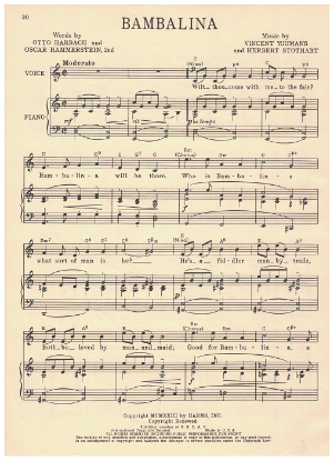 Picture of Bambalina, from MC "Wildflower", Otto Harbach/ Oscar Hammerstein 2nd/ Herbert Stothart/ Vincent Youmans, sheet music