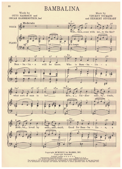 Picture of Bambalina, from MC "Wildflower", Otto Harbach/ Oscar Hammerstein 2nd/ Herbert Stothart/ Vincent Youmans, sheet music