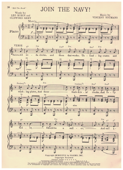 Picture of Join the Navy, from MC "Hit the Deck", Leo Robin/ Clifford Grey/ Vincent Youmans, sheet music