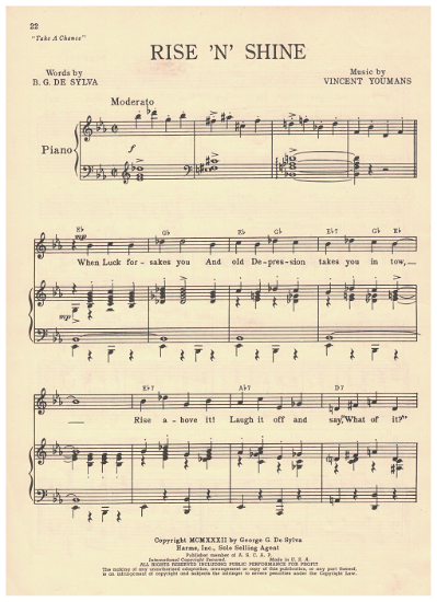 Picture of Rise 'N' Shine, from MC "Take a Chance", B. G. De Sylva & Vincent Youmans, sheet music