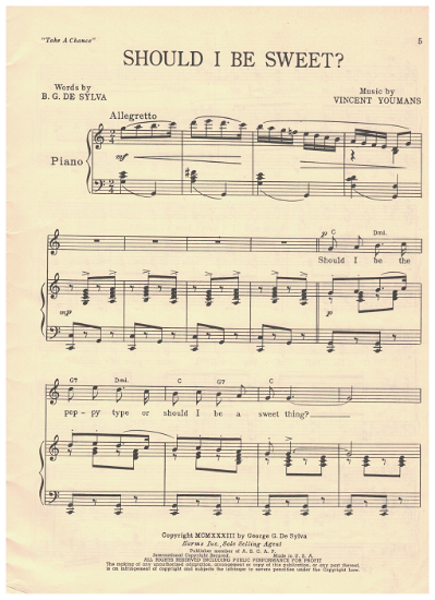 Picture of Should I Be Sweet, from MC "Take a Chance", B. G. De Sylva & Vincent Youmans, sheet music
