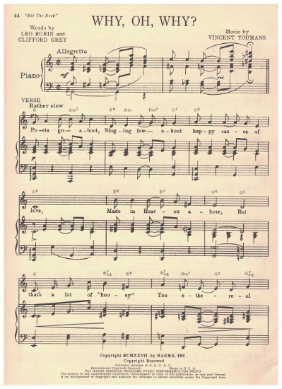 Picture of Why Oh Why, from MC "Hit the Deck", Leo Robin/ Clifford Grey/ Vincent Youmans, sheet music