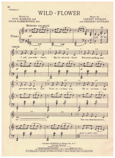 Picture of Wild Flower, from MC "Wildflower", Otto Harbach/ Oscar Hammerstein 2nd/ Herbert Stothart/ Vincent Youmans, sheet music