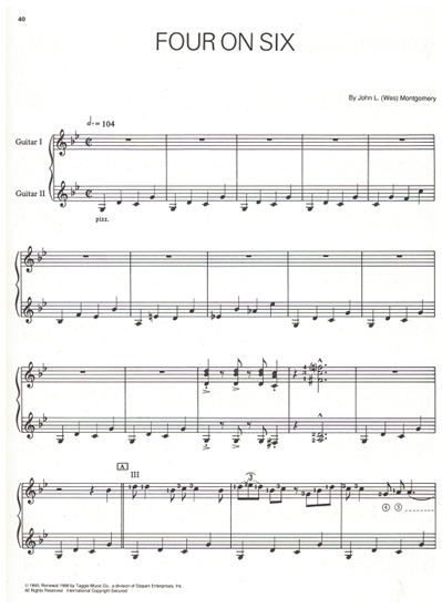 Picture of Four on Six, written & recorded by Wes Montgomery, jazz guitar solo w/2nd guitar accomp