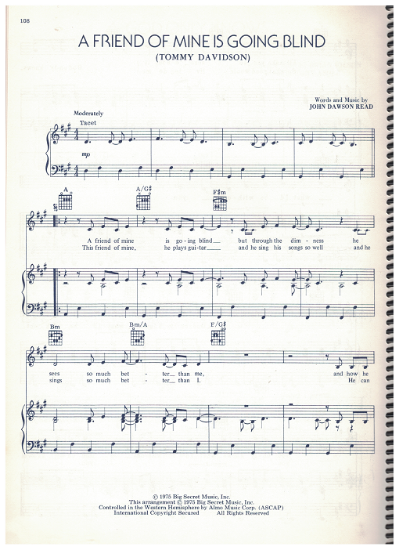 Picture of A Friend of Mine is Going Blind (Tommy Davidson), written & recorded by John Dawson Read, pdf copy 