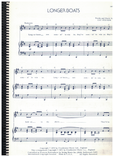 Picture of Longer Boats, written & recorded by Cat Stevens, sheet music