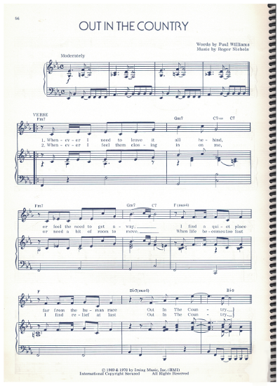Picture of Out in the Country, Paul Williams & Roger Nichols, recorded by Three Dog Night, sheet music