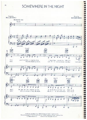 Picture of Somewhere in the Night, Will Jennings & Richard Kerr, recorded by Helen Reddy, sheet music