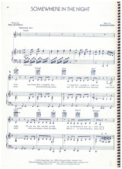 Picture of Somewhere in the Night, Will Jennings & Richard Kerr, recorded by Helen Reddy, sheet music