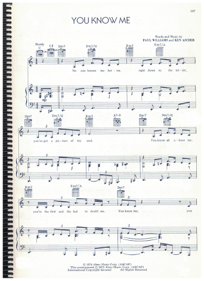 Picture of You Know Me, Paul Williams & Ken Ascher, recorded by Helen Reddy, sheet music 