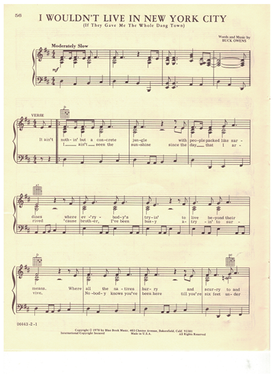 Picture of I Wouldn't Live in New York City, written & recorded by Buck Owens and his Buckaroos