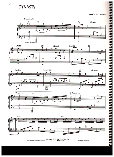 Picture of Dynasty, title theme from TV show, Bill Conti, piano solo, sheet music