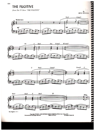 Picture of The Fugitive, title theme from TV show, Pete Rugolo, piano solo, sheet music