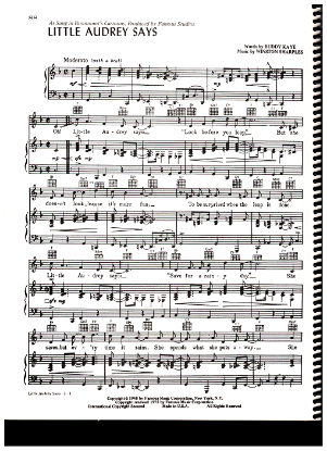 Picture of Little Audrey Says, cartoon title song, Buddy Kaye & Winston Sharples, sheet music