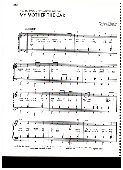 Picture of My Mother the Car, TV show title song, Paul Hampton, sheet music