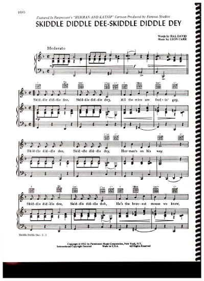 Picture of Skiddle Diddle Dee-Skiddle Diddle Dey, from cartoon "Herman and Katnip", Hal David & Leon Carr, sheet music