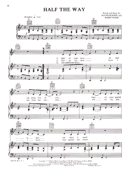 Picture of Half the Way, Ralph Murphy & Bobby Wood, recorded by Crystal Gayle, sheet music
