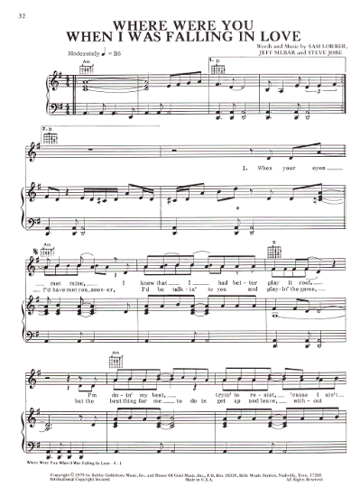 Picture of Where Were You When I Was Falling in Love, Sam Lorber/ Jeff Silbar/ Steve Jobe, recorded by Lobo, sheet music