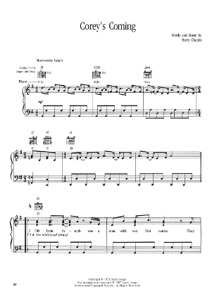 Picture of Corey's Coming, written & recorded by Harry Chapin, sheet music, out of print 