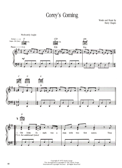 Picture of Corey's Coming, written & recorded by Harry Chapin, sheet music, out of print 