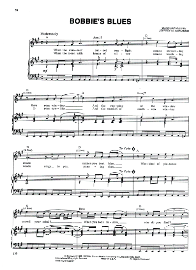 Picture of Bobbie's Blues, Jeffrey M. Commanor, recorded by The 5th Dimension, sheet music