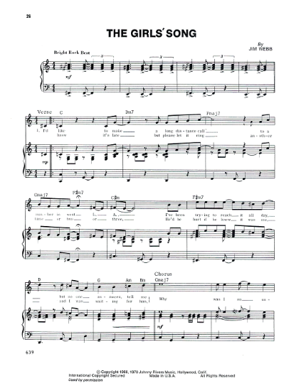 Picture of The Girls' Song, Jim Webb, recorded by The 5th Dimension, sheet music