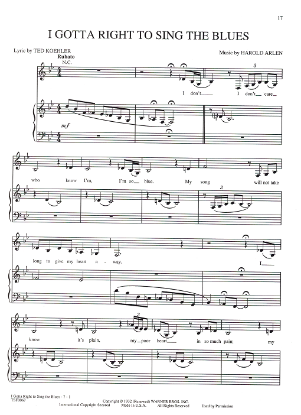 Picture of I Gotta Right to Sing the Blues, from Broadway revue "Black & Blue", Ted Koehler & Harold Arlen,  sheet music