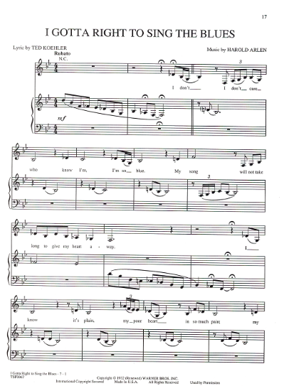Picture of I Gotta Right to Sing the Blues, from Broadway revue "Black & Blue", Ted Koehler & Harold Arlen,  sheet music