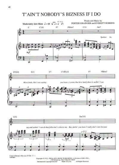 Picture of T'Ain't Nobody's Bizness If I Do, from Broadway revue "Black & Blue", Porter Grainger & Everett Robbins, pdf copy
