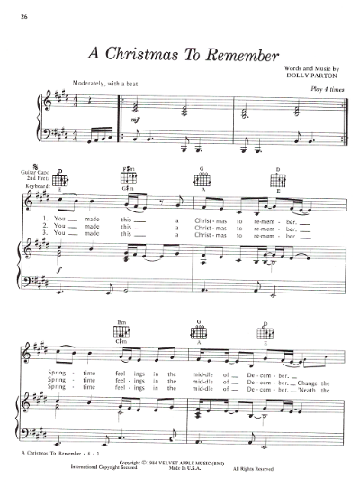 Picture of A Christmas to Remember, Dolly Parton, recorded by Dolly & Kenny Rogers, sheet music