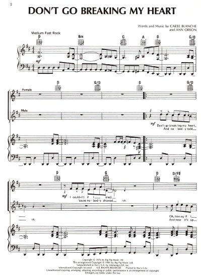 Picture of Don't Go Breaking My Heart, Carte Blanche & Ann Orson, as sung by Elton John & Kiki Dee, vocal duet, sheet music