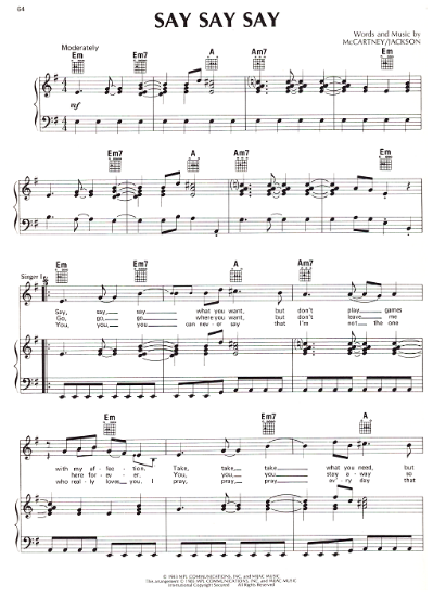 Picture of Say Say Say, written & recorded by Paul McCartney & Michael Jackson, vocal duet, sheet music