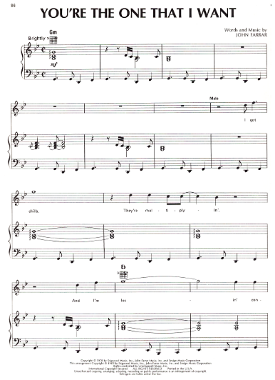 Picture of You're the One That I Want, John Farrar, recorded by Olivia Newton John & John Travolta, vocal duet, sheet music