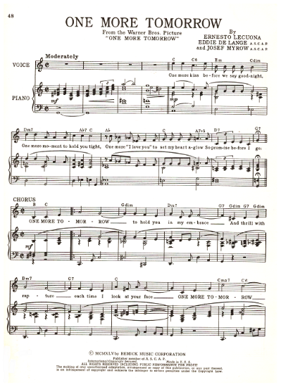 Picture of One More Tomorrow, movie title song, Ernesto Lecuona/ Eddie De Lange/ Josef Myrow