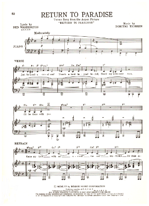 Picture of Return to Paradise, movie title song, Dimitri Tiomkin & Ned Washington, sheet music