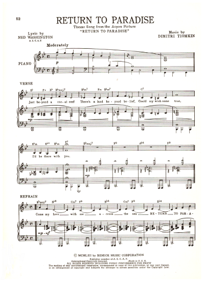 Picture of Return to Paradise, movie title song, Dimitri Tiomkin & Ned Washington, sheet music