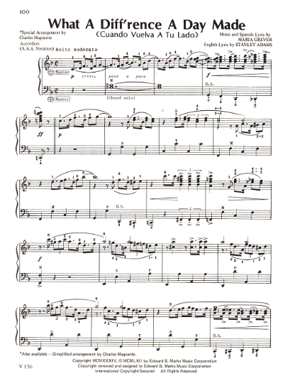 Picture of What a Diff'rence a Day Made (Cuando Vuelva a ti Lado), Maria Grever & Stanley Adams, arr. for accordion solo by Charles Magnante, sheet music