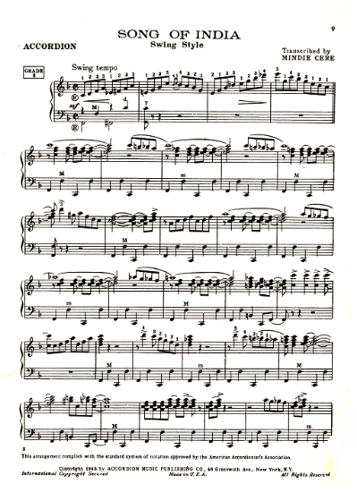 Picture of Song of India in Swing Style, N. Rimsky-Korsakov, arr. for accordion solo by Mindie Cere