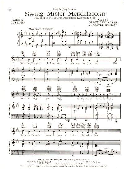 Picture of Swing Mr. Mendelssohn, from movie "Everybody Sing", Bronislaw Kaper/ Walter Jurmann/ Gus Kahn, sung by Judy Garland