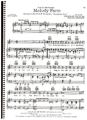 Picture of Melody Farm, from movie "Everybody Sing", Bronislaw Kaper/ Walter Jurmann/ Gus Kahn, sung by Judy Garland, pdf copy 