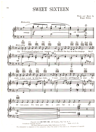 Picture of Sweet Sixteen, Roger Edens, sung by Judy Garland, sheet music