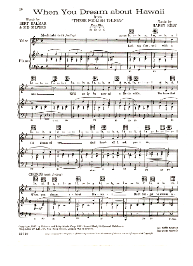 Picture of When You Dream About Hawaii, from movie "These Foolish Things", Bert Kalmar/ Sid Silver/ Harry Ruby, sheet music