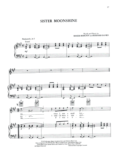 Picture of Sister Moonshine, Roger Hodgson & Richard Davies, from "Crisis What Crisis", recorded by Supertramp, sheet music