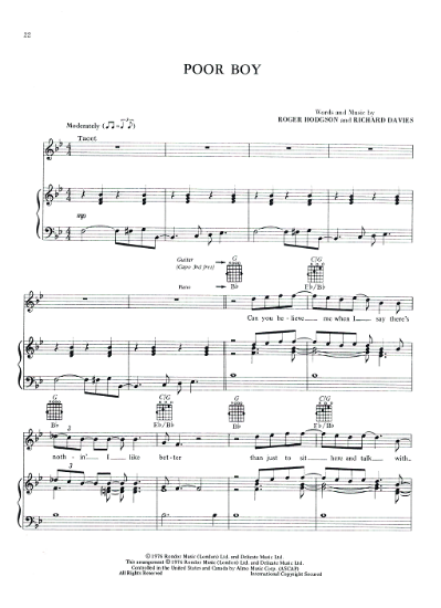 Picture of Poor Boy, Roger Hodgson & Richard Davies, from "Crisis What Crisis", recorded by Supertramp, sheet music