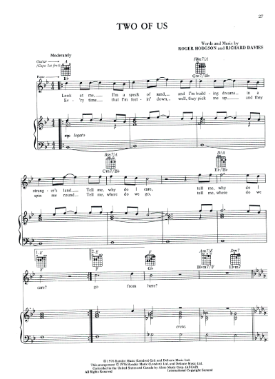 Picture of Two of Us, Roger Hodgson & Richard Davies, from "Crisis What Crisis", recorded by Supertramp, sheet music