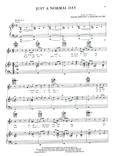 Picture of Just a Normal Day, Roger Hodgson & Richard Davies, from "Crisis What Crisis", recorded by Supertramp, sheet music