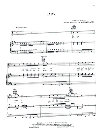 Picture of Lady, Roger Hodgson & Richard Davies, from "Crisis What Crisis", recorded by Supertramp, sheet music